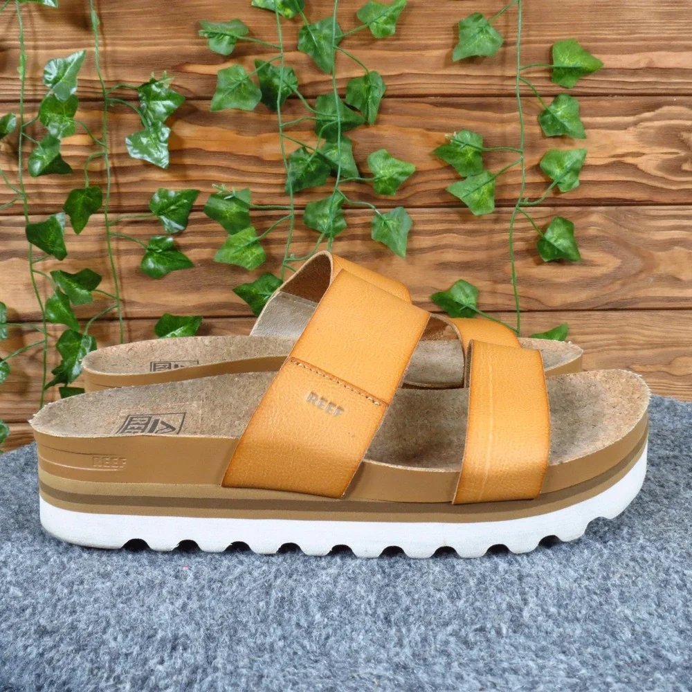 Reef Cushion Vista Hi Women Platform Slide Sandals Size 8 Beach Tan Synthetic